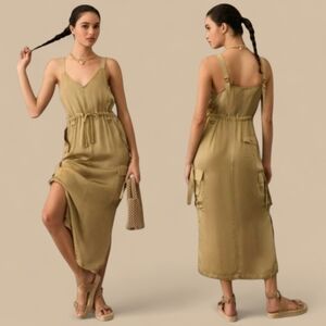 ANTHRO x LOVE THE LABEL Lined Cargo Maxi Dress Olive Green 5 Pockets Sleeveless